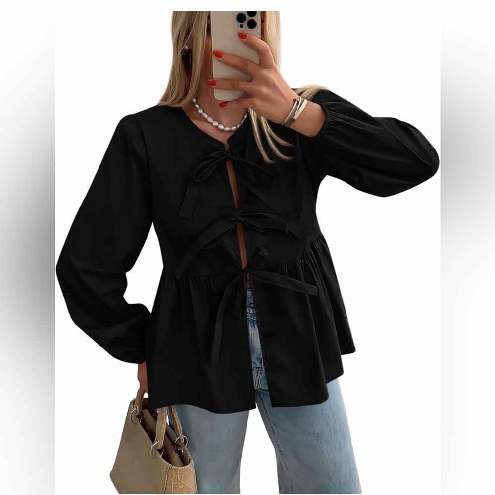 Babydoll Peplum Blouse Tie Button Up Puff Long Sleeve Black NWT Size Small Bow